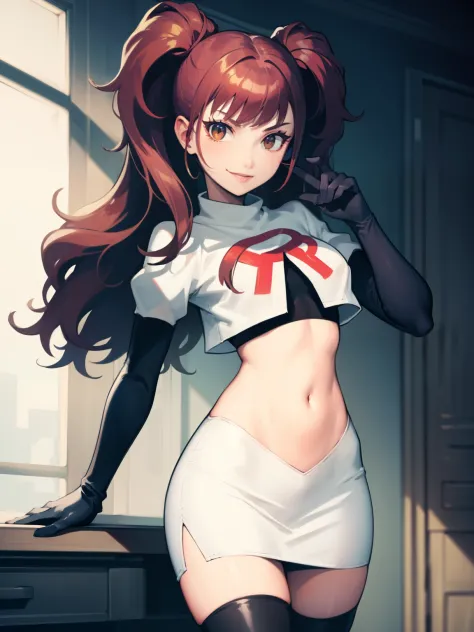 rise kujikawa (persona) ,glossy lips ,team rocket uniform, red letter r, white skirt,white crop top,black thigh-high boots, blac...