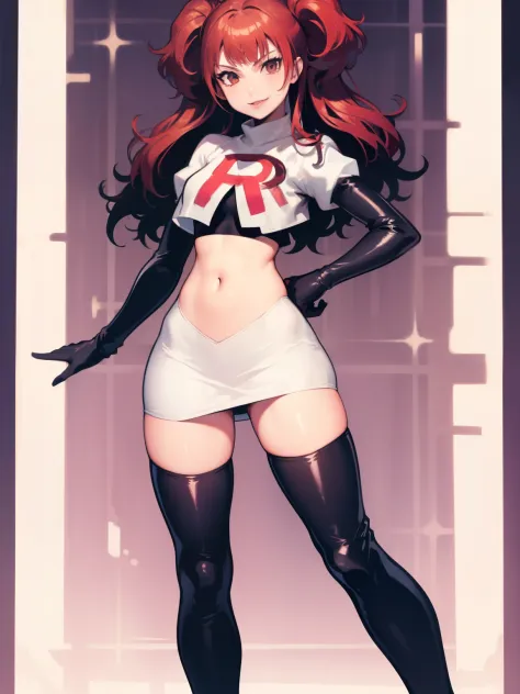 rise kujikawa (persona) ,glossy lips ,team rocket uniform, red letter r, white skirt,white crop top,black thigh-high boots, blac...