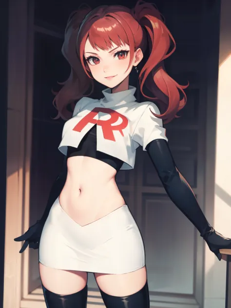 rise kujikawa (persona) ,glossy lips ,team rocket uniform, red letter r, white skirt,white crop top,black thigh-high boots, blac...