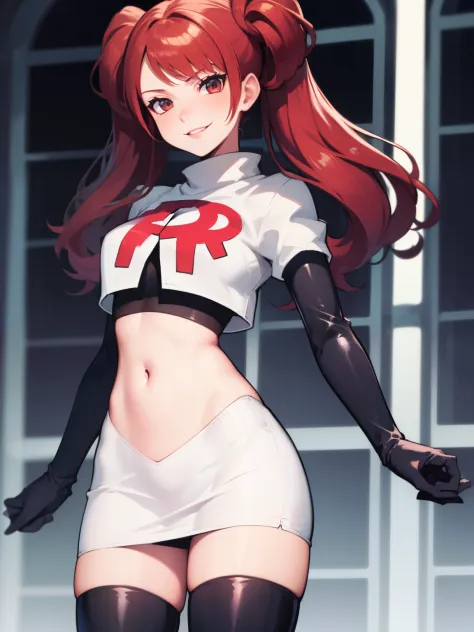 Rise Kujikawa (Persona) ,glossy lips ,team rocket uniform, red letter R, white skirt,white crop top,black thigh-high boots, black elbow gloves, evil smile, looking at viewer, cowboy shot