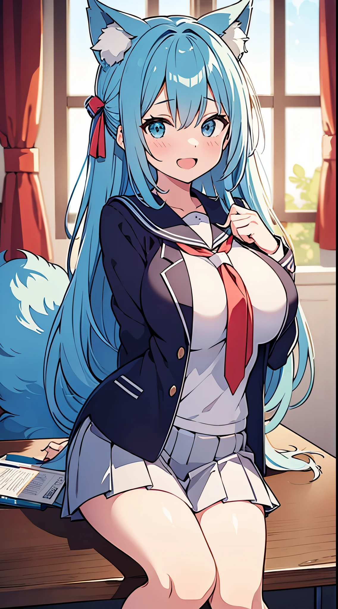 Anime girl with blue hair and a cat ears sitting on a desk - SeaArt AI