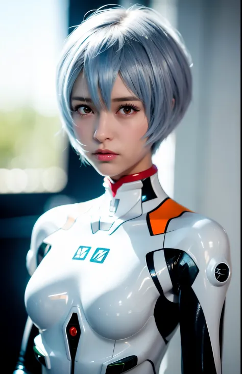 rei ayanami、plugsuit、a woman wearing a sexy futuristic suit is taking a photo, an image of a beautiful cyborg, portrait of a fem...