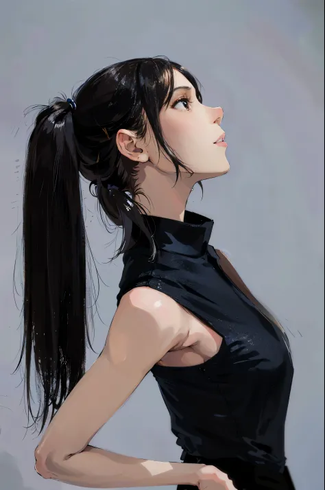 Arafed woman with long hair posing in black dress, long black hair in a ponytail, long Black ponytail, Ponytail Black Hair, Blac...