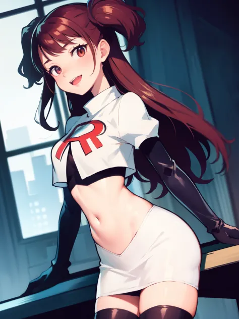 rise kujikawa (persona) ,glossy lips ,team rocket uniform, red letter r, white skirt,white crop top,black thigh-high boots, blac...