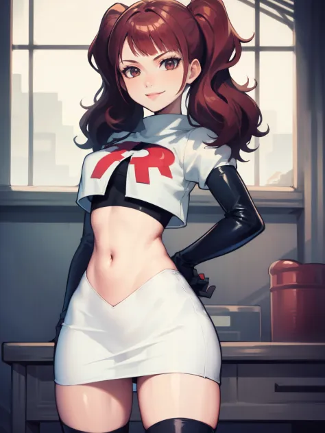 Rise Kujikawa (Persona) ,glossy lips ,team rocket uniform, red letter R, white skirt,white crop top,black thigh-high boots, black elbow gloves, evil smile, looking at viewer, cowboy shot