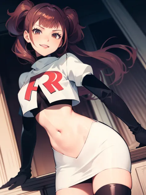 Rise Kujikawa (Persona) ,glossy lips ,team rocket uniform, red letter R, white skirt,white crop top,black thigh-high boots, black elbow gloves, evil smile, looking at viewer, cowboy shot