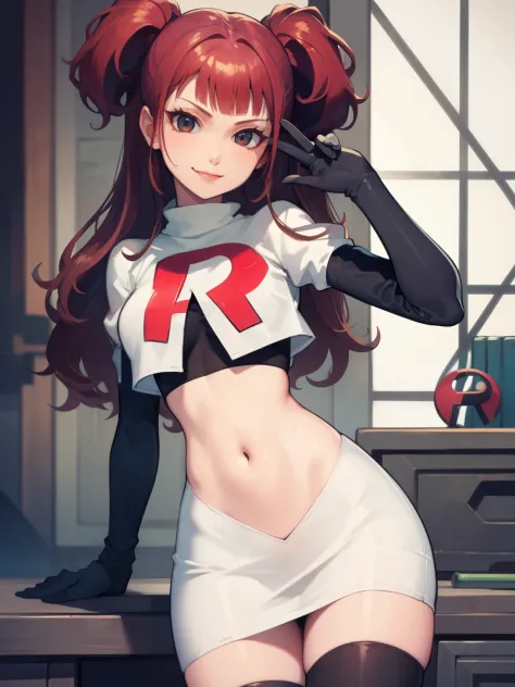 Rise Kujikawa (Persona) ,glossy lips ,team rocket uniform, red letter R, white skirt,white crop top,black thigh-high boots, black elbow gloves, evil smile, looking at viewer, cowboy shot