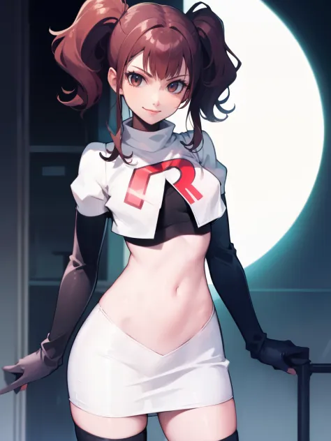 Rise Kujikawa (Persona) ,glossy lips ,team rocket uniform, red letter R, white skirt,white crop top,black thigh-high boots, black elbow gloves, evil smile, looking at viewer, cowboy shot