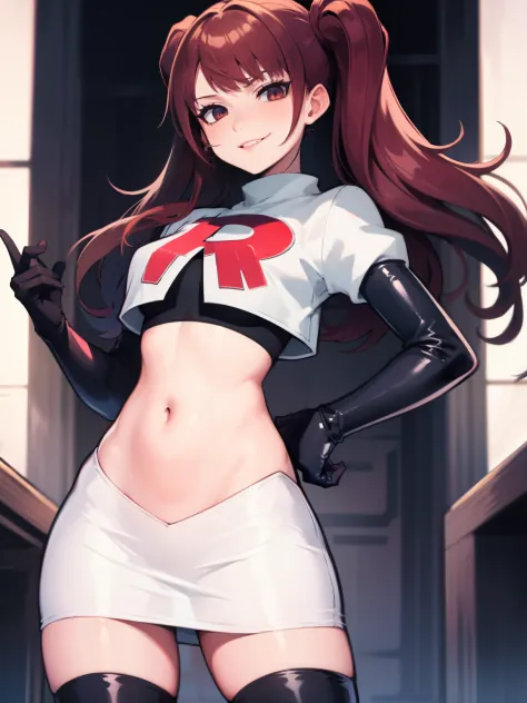 Rise Kujikawa (Persona) ,glossy lips ,team rocket uniform, red letter R, white skirt,white crop top,black thigh-high boots, black elbow gloves, evil smile, looking at viewer, cowboy shot