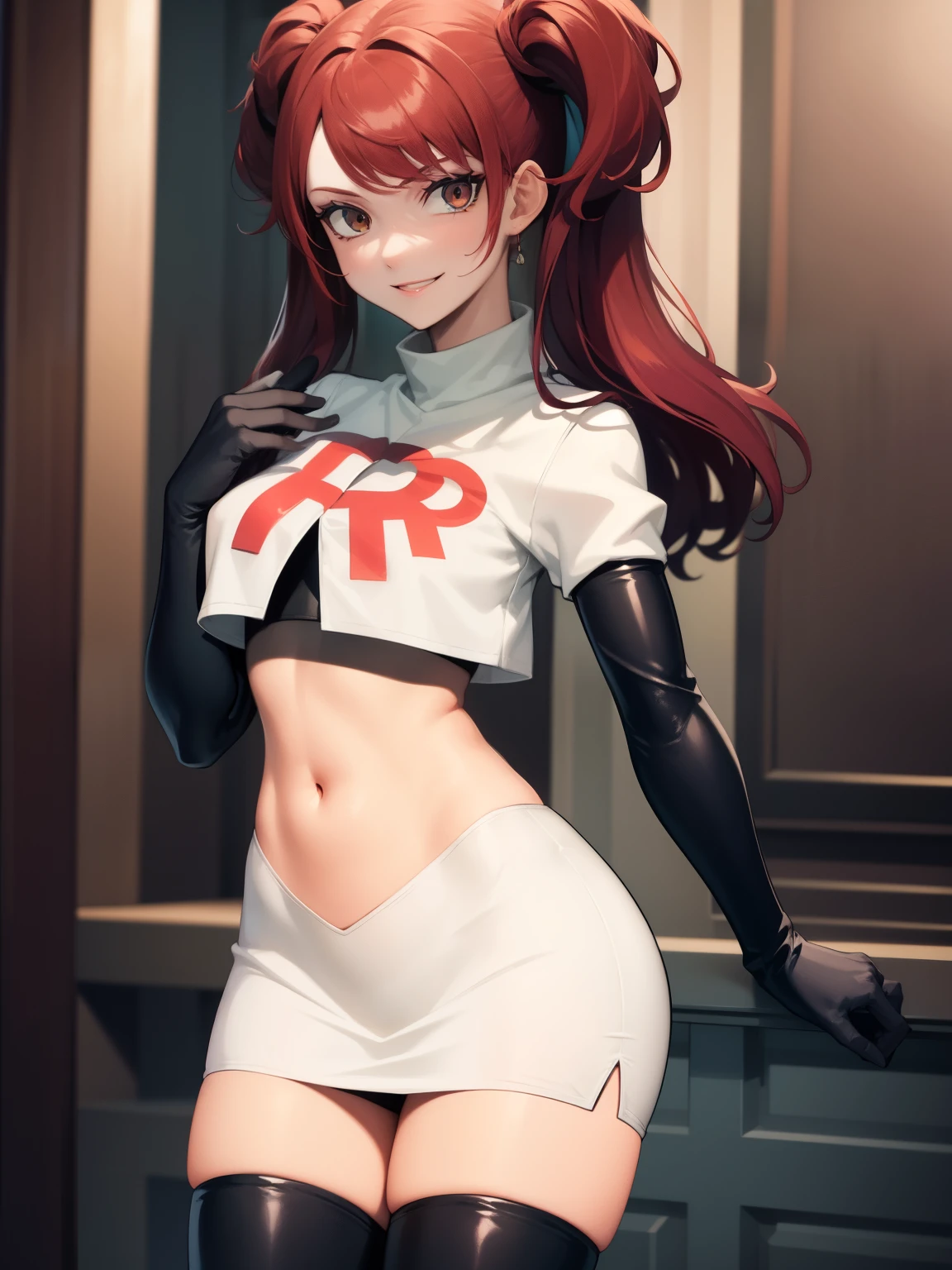 Rise Kujikawa (Persona) ,glossy lips ,team rocket uniform, red letter R, white skirt,white crop top,black thigh-high boots, black elbow gloves, evil smile, looking at viewer, cowboy shot