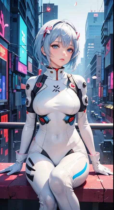 (Realistic, photoRealistic), Ayanami_wang, 1girl in, Blue short hair, white hair ornament, ((White bodysuit, gloves)), Saihar bo...