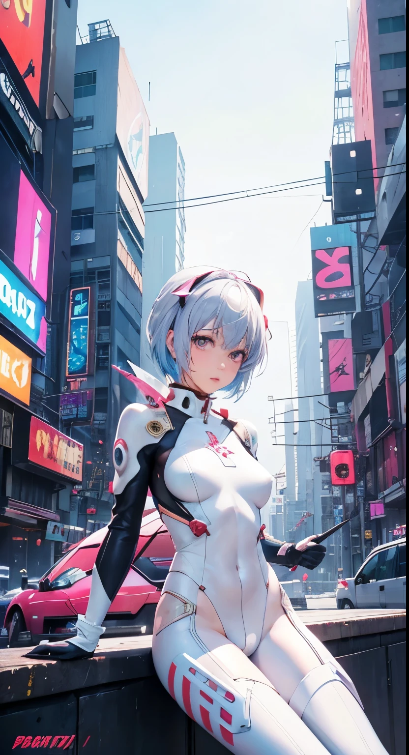 (Realistic, photoRealistic), Ayanami_wang, 1girl in, Blue short hair, white hair ornament, ((White bodysuit, gloves)), Saihar body), Sitting on the ground, (Cowboy Shot),(masutepiece, High quality, Best Quality), (Colorful),(Delicate eyes and face), volumatic light, Ray tracing, the Extremely Detailed CG Unity 8K Wallpapers,Solo((flying petal)),Outdoors, ((Cyberpunk)), Cyber City, ((neon trim)), Night,(Cityscape),frontage,(Opening legs)