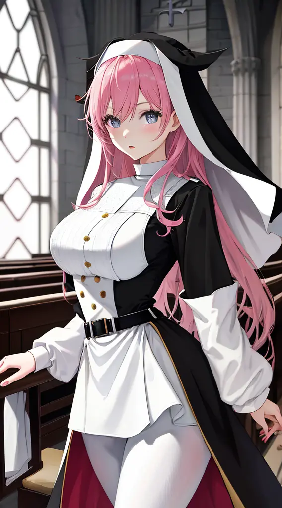 Sexy woman in black and white uniform posing in church, nun outfit, nun fashion model, nun, Japanese cartoon girl , , Inspired b...