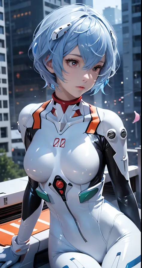 (Realistic, photoRealistic), Ayanami_wang, 1girl in, Blue short hair, white hair ornament, ((White bodysuit, gloves)), Saihar bo...