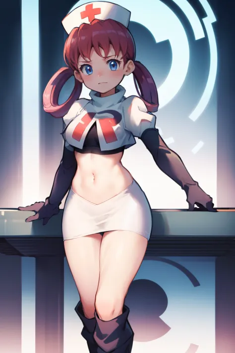 nurse joy, hair rings, bangs, team rocket,team rocket uniform, red letter r, white skirt,white crop top,black thigh-high boots, ...