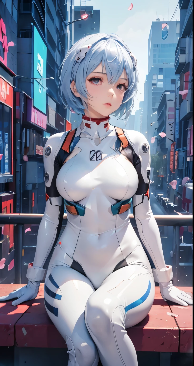 (現実的, photo現実的), ayanami_王, 1人の少女, ブルーショートヘア, 白い髪飾り, ((白いボディスーツ, 手袋)), サイハルボディ), 夏のプールサイド、地面に座る, (カウボーイショット),(テーブルトップ, 高品質, 最高品質), (カラフル),(繊細な目と顔), ボリュームライト, レイトレーシング, 非常に詳細な CG Unity 8K 壁紙,一人で((飛んでいる花びら)),,(都市景観),間口,(足を開く)