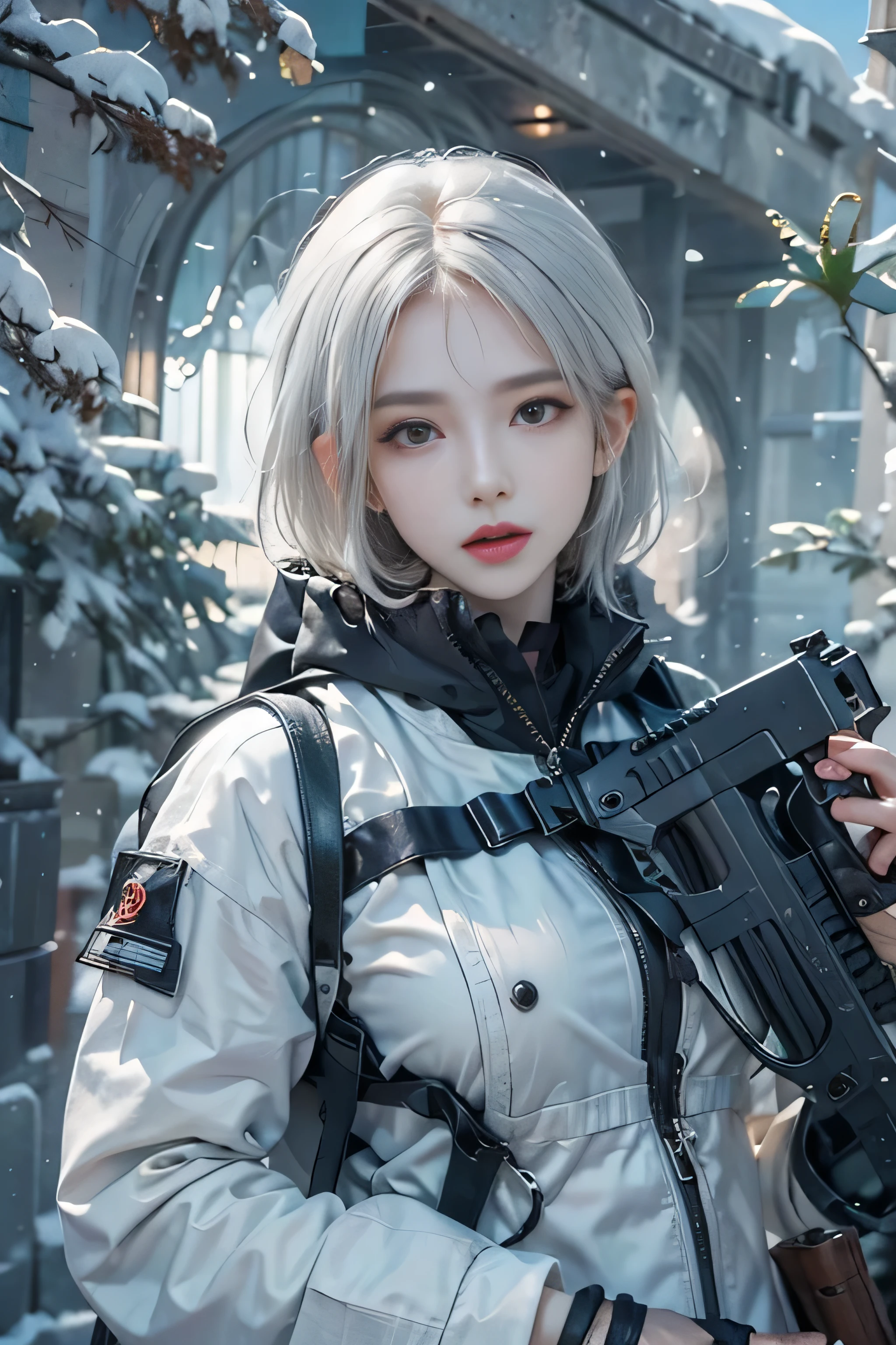 Photorealistic, High resolution, 1womanl, Solo,snowy background, stares at the camera, (Detailed face), White hair, Shortcut Hair, Swat Vest, gun, Jewelry，Finger is blocked