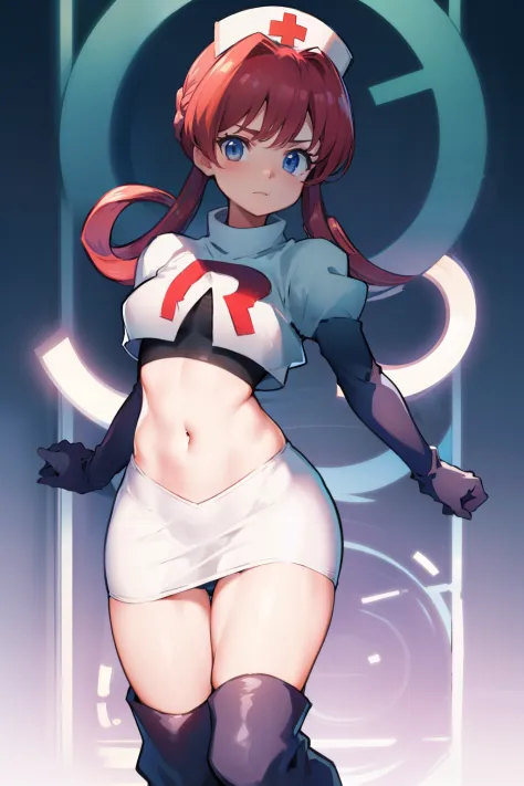 nurse joy, hair rings, bangs, team rocket,team rocket uniform, red letter r, white skirt,white crop top,black thigh-high boots, ...