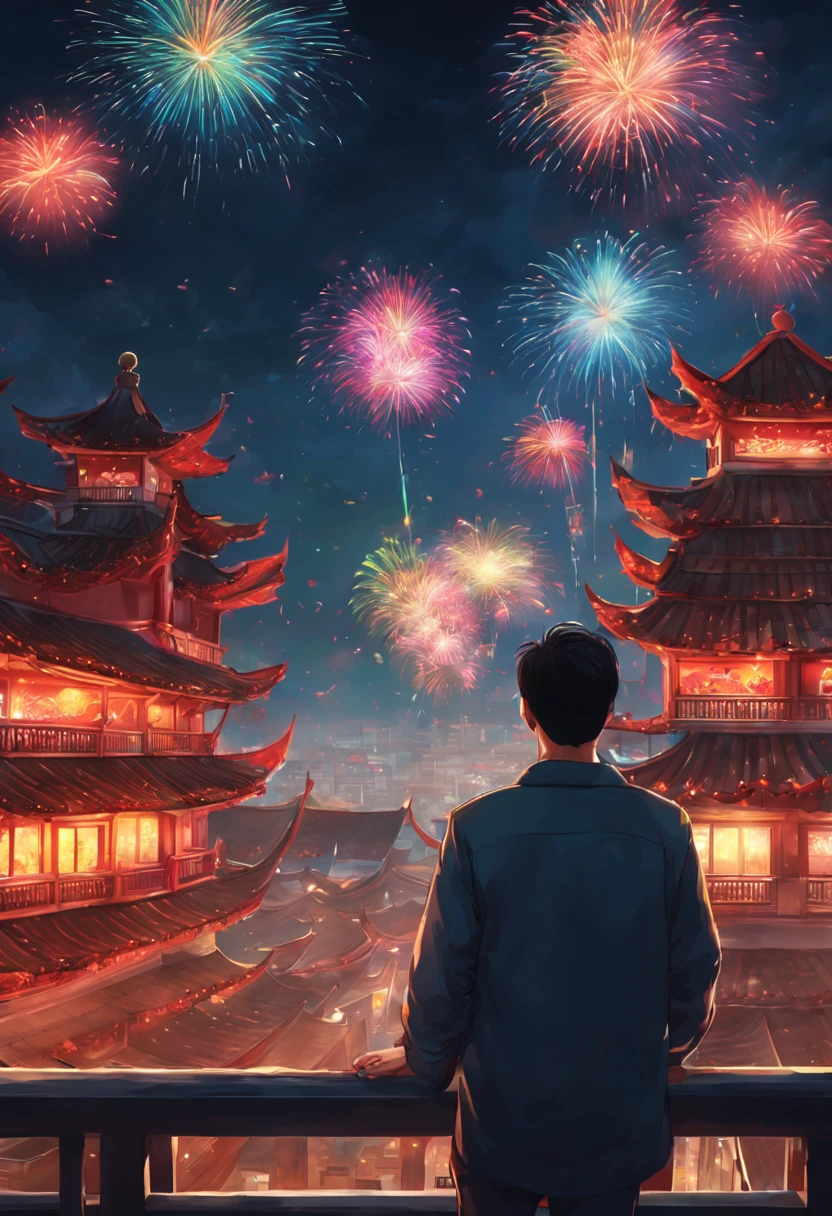 The city of the future，A man watching colorful fireworks on the roof，rios，Colorful lights，（（（tmasterpiece）））， （（Best quality at best））， （（intricately details））， （（hyper realisitc））（8K）