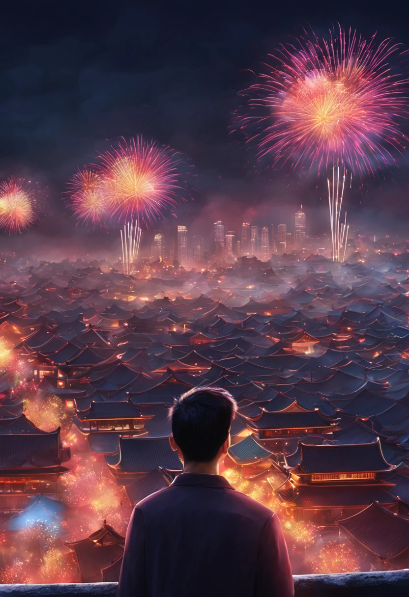 The city of the future，A man watching colorful fireworks on the roof，rios，Colorful lights，（（（tmasterpiece）））， （（Best quality at best））， （（intricately details））， （（hyper realisitc））（8K）