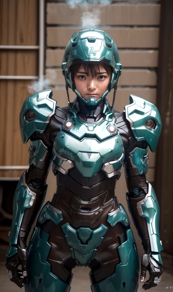 peau texturée, Super détail, détails élevés, Haute qualité, Meilleure qualité, haute résolution, 1080P, disque dur, Beau,(machine de guerre),belle femme cyborg,Fille Cyborg Mecha Vert Foncé,se battre,Fille avec un corps Mecha,、Filles du collège　Poil très court、Yeux marron moites、Visage en sueur、taches de rousseur　expression gênée　rougir　mignon petit　Un brun　((Vapeur de la tête)) lunettes　accroupir　Écarte ton entrejambe　Ouverture de jambe M　(la timidité)