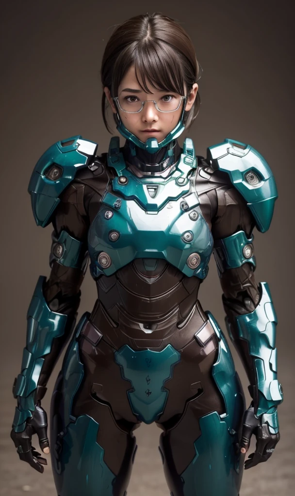 Textured skin, Super Detail, high details, High quality, Best Quality, hight resolution, 1080p, hard disk, Beautiful,(War Machine),beautiful cyborg woman,Dark Green Mecha Cyborg Girl,battleing,Girl with a Mecha Body,、Junior high school girls　Very Shorthair、sweaty brown eyes、Sweaty face、hitornfreckles　Embarrassed expression　Blushing　cute little　A dark-haired　((Steam from the head)) eye glasses　Crouch down　Spread your crotch　M leg opening　(Shyness)