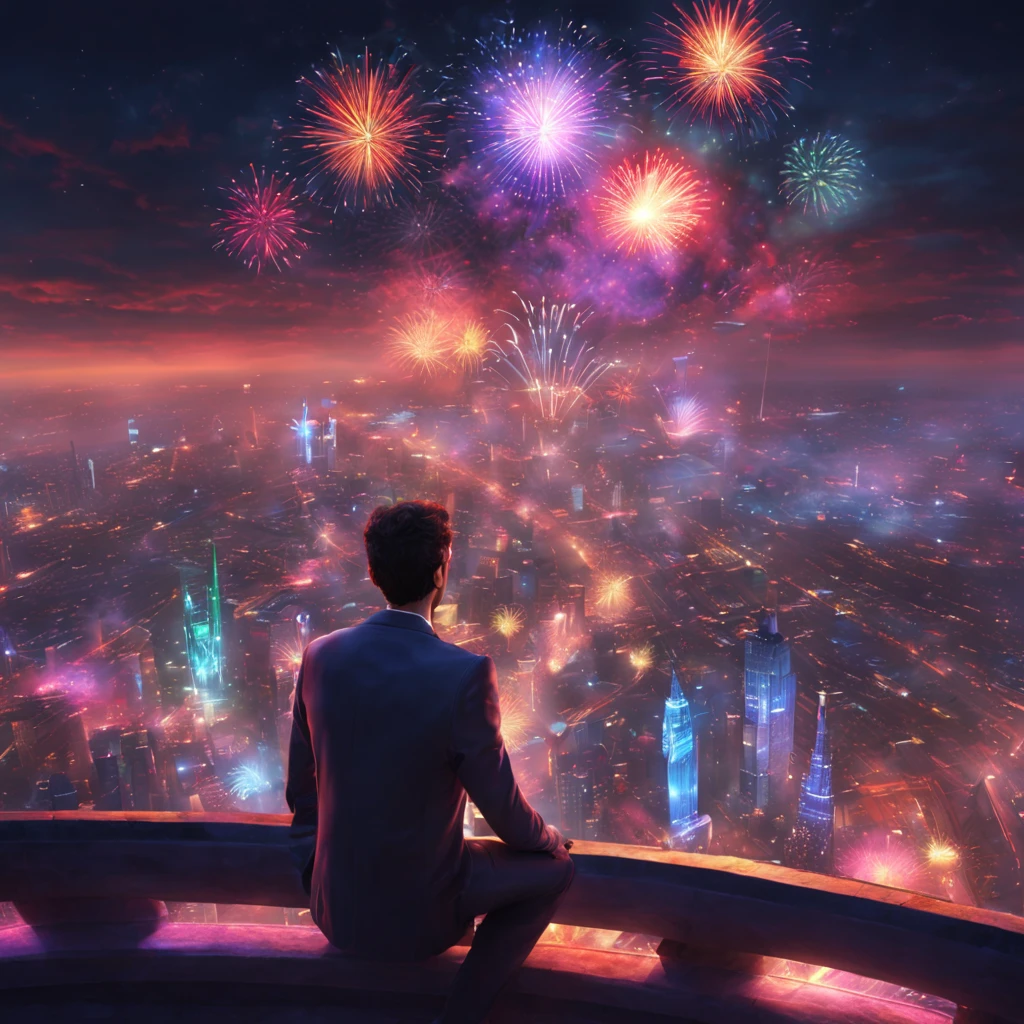 The city of the future，A man watching colorful fireworks on the roof，rios，Colorful lights，（（（tmasterpiece）））， （（Best quality at best））， （（intricately details））， （（hyper realisitc））（8K）