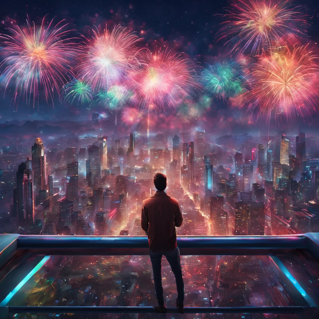 The city of the future，A man watching colorful fireworks on the roof，rios，Colorful lights，（（（tmasterpiece）））， （（Best quality at best））， （（intricately details））， （（hyper realisitc））（8K）
