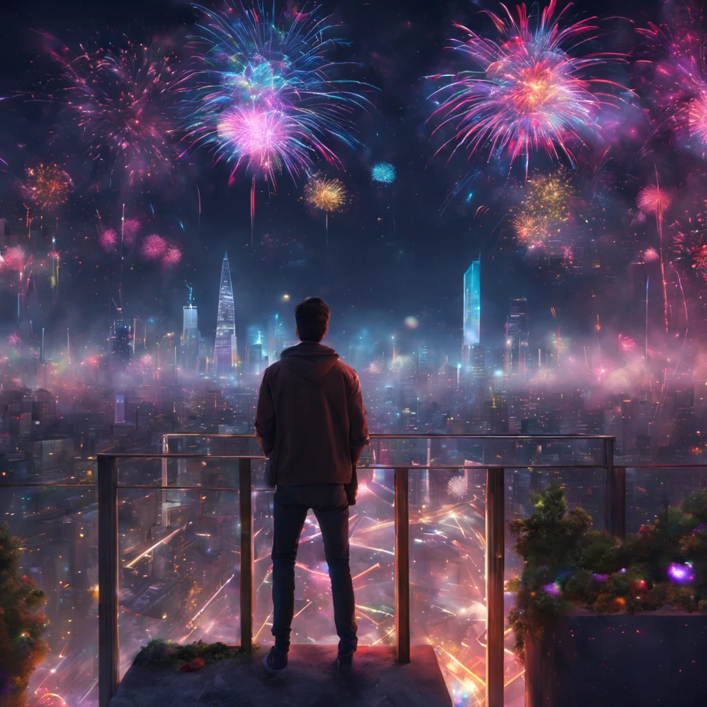 The city of the future，A man watching colorful fireworks on the roof，rios，Colorful lights，（（（tmasterpiece）））， （（Best quality at best））， （（intricately details））， （（hyper realisitc））（8K）