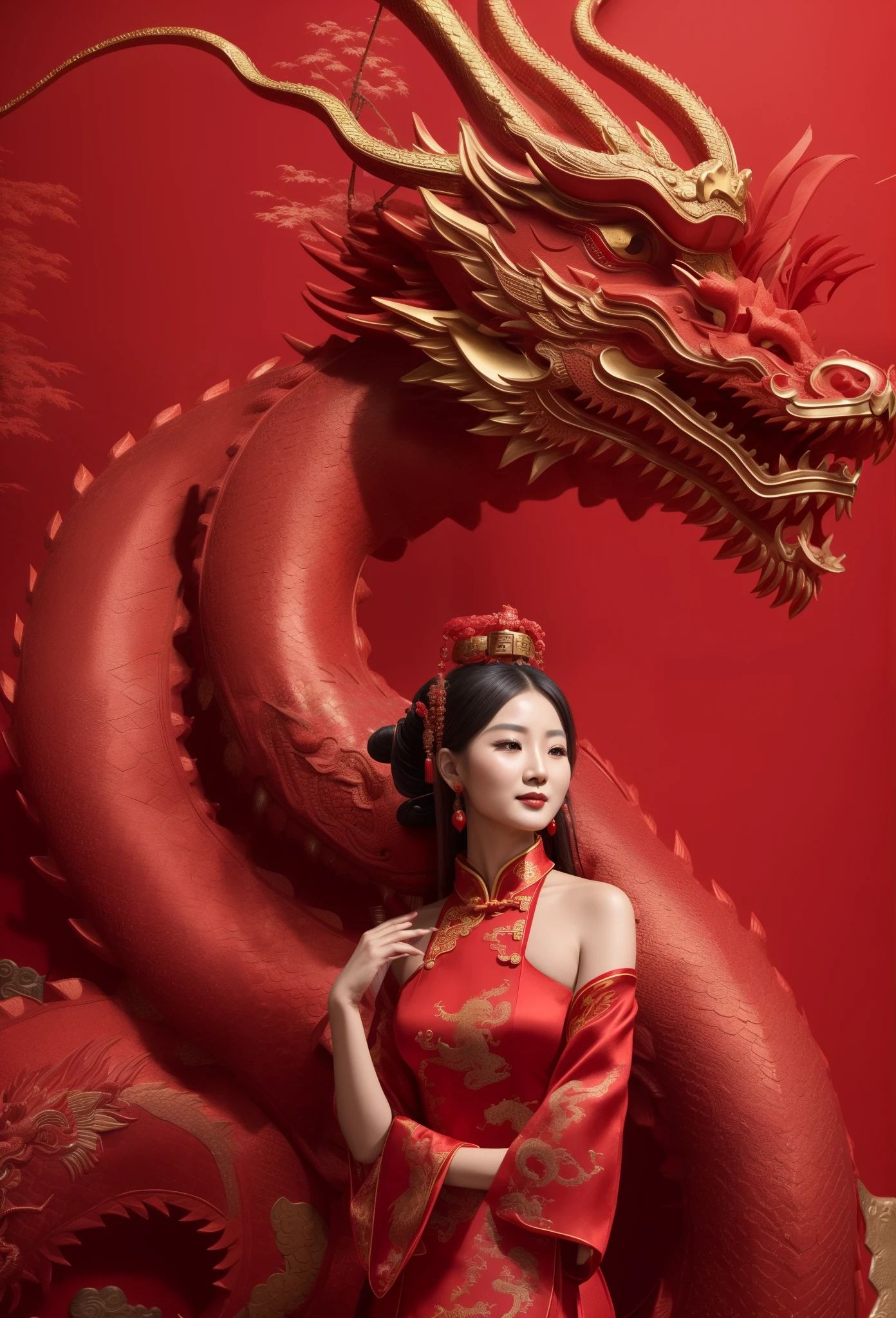 arafed woman in a red dress standing next to a red dragon, chinese style, chinese fantasy, china silk 3d dragon, chinese empress, chinese woman, wearing a red cheongsam, chinese heritage, red dragon, chinese dragon, chinese princess, traditional chinese clothing, chinese dress, chinese art, a red dragon, the dragon girl portrait, chinese girl