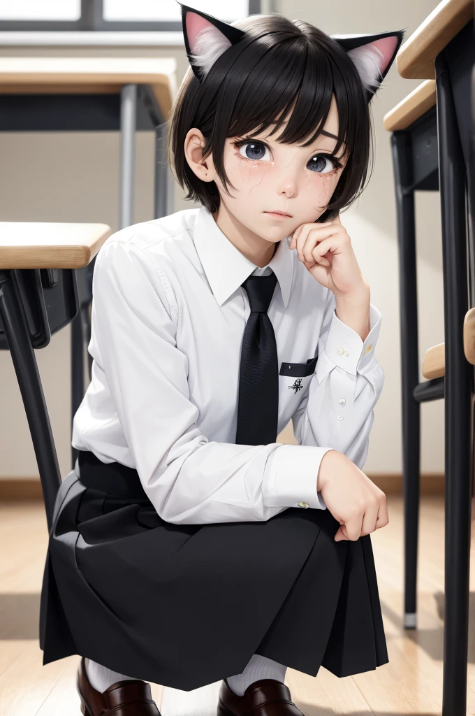 (best quality, masterpiece, girl, solo, cat ears, anime style, by anime), cut girl, school, school uniform, classroom, super detailed, 4k,focus sharp,1girl, short hair, white shirt, black necktie, front view, full body, scared expression, scared face, (tears:1.2), (eager pet pose),crouched,restaurant background,good face,(good hand),good finger,looking at viewer,