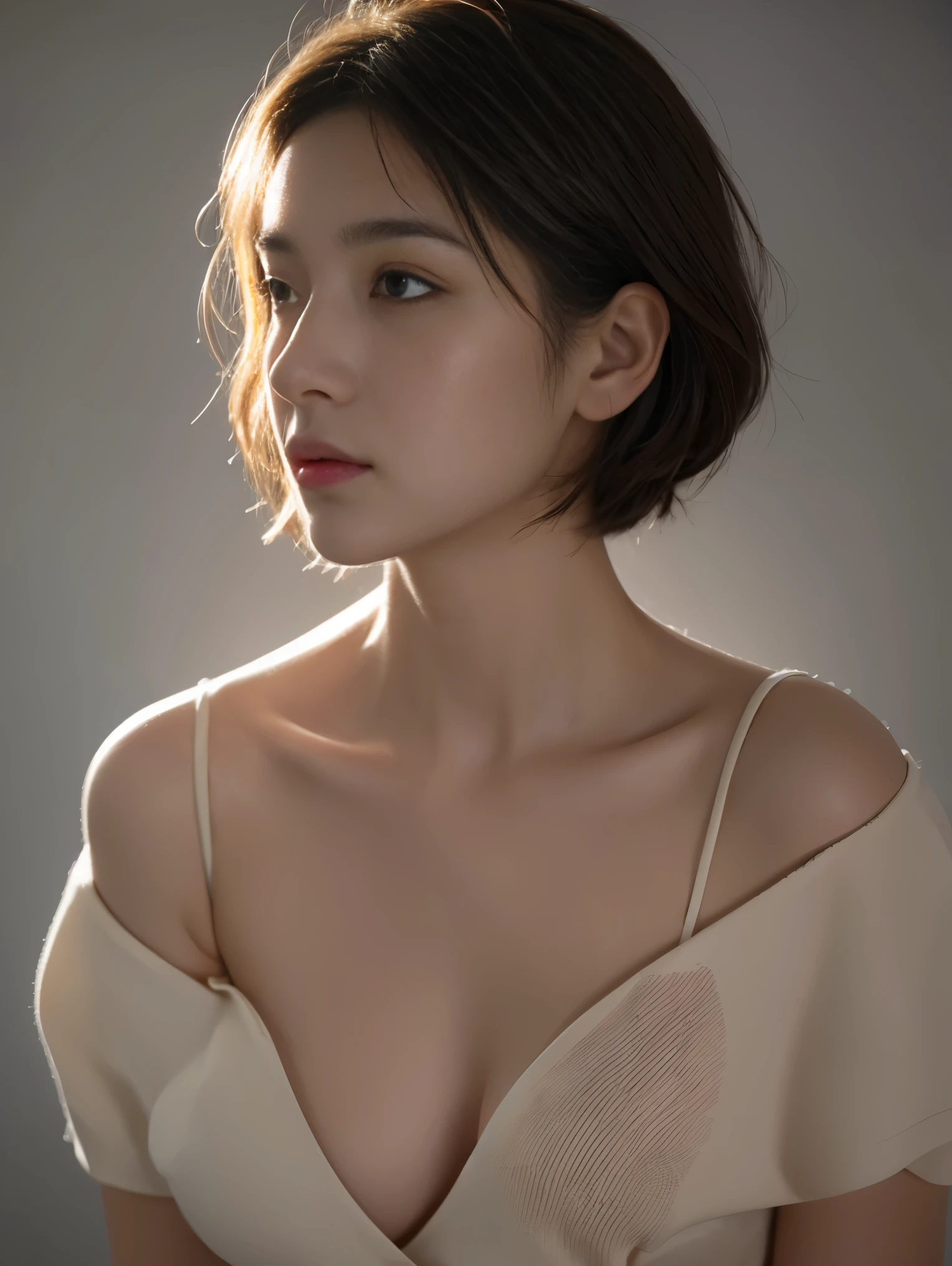 Best quality, masterpiece, ultra high res, (photorealistic:1.5), raw photo, 1girl, offshoulder, in the dark, deep shadow, low key, cold light, sexy look, short hair