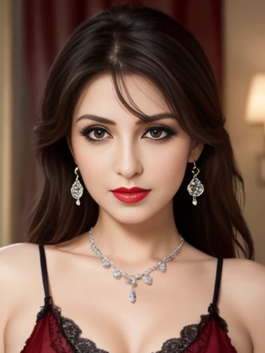 Lebanese lady, diamond dangling earrings, necklace, bracelets, small breasts, 40 years old, smokey eyes, cleavages, lace lingerie, nightgown, red lips, innocent face, nipples