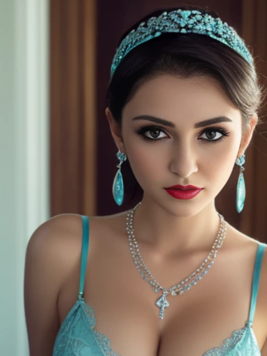 Lebanese lady, diamond dangling earrings, necklace, bracelets, small breasts, 40 years old, smokey eyes, cleavages, lace lingerie, cyan nightgown, red lips, innocent face,