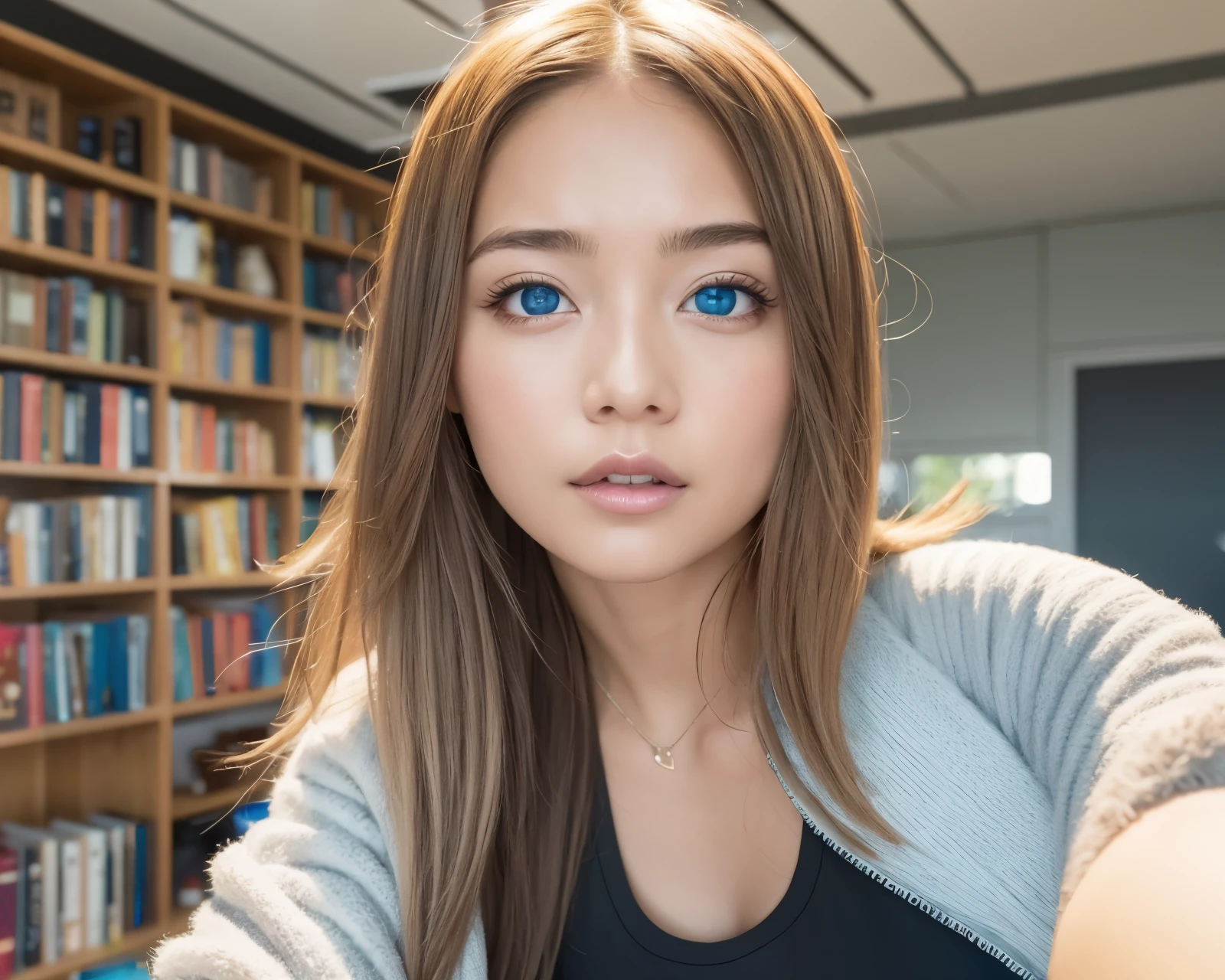 (masutepiece), A sexy、Natural light, Photorealistic, Cameltoe, diffuse glow, depth of fields, big eye、profetional lighting、the eyes are blue、Russian、a blond、selfee、Black tank top、The background is the library