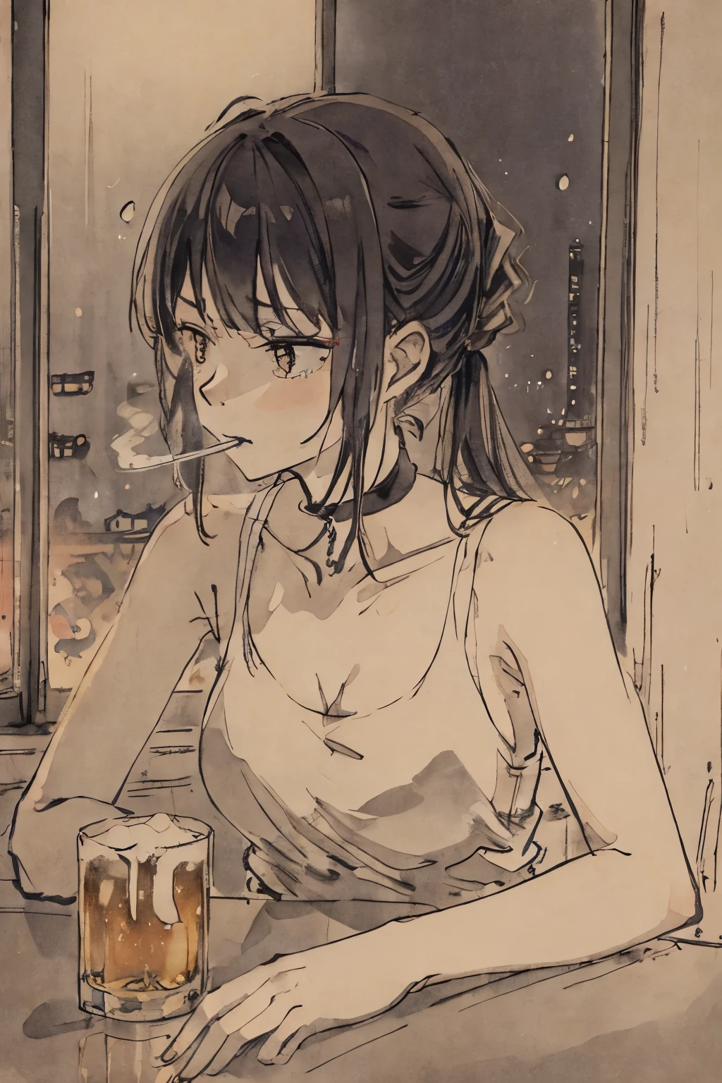 Anime girl sitting at a table with a glass of beer - SeaArt AI