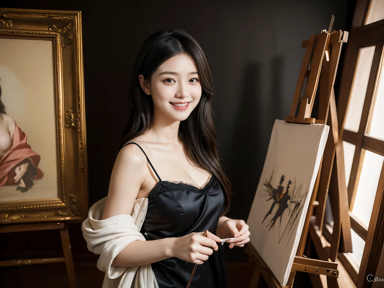 Mujer pintando pintura al óleo sobre lienzo en el taller,caballete,antiguo,Una sonrisa,,Aspecto dulce y seductor.、Las pinturas de Caravaggio.、Chiaroscuro of Caravaggio,,linda sonrisa, expresión de éxtasis,erótico,un sexy,Seducirte