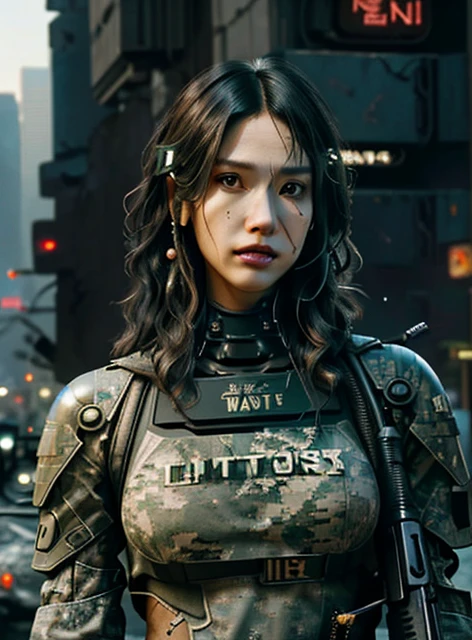 extremely detailed CG Unity 16K wallpaper, (raw photography, realistic:1.2), (professional photo, photorealistic:1.3), cinematic lighting, depth of filed, sharp focus, (cyberpunk:1.4), ultra high res, (perfect anatomy:1.5), realistic skin texture, intricately detailed face, 1 girl, ((female soldier:1.4)), ((cyborg:1.2)), solo, (from front view:1.5), cowboy shot, looking at viewer, short hair, black hair, fairly detailed skin, oil, tan, dark eyes, highly detailed nose and lips, expressionless, taking cover, ((holding 1 large baster rifle:1.5)), ((camouflaged, combat uniform:1.4)), (((armored body, partially mechanical body:1.3))), ((slender, medium breast:1.3)), (((outdoor, evening, futuristic city, destroyed buildings, ruins:1.4)))