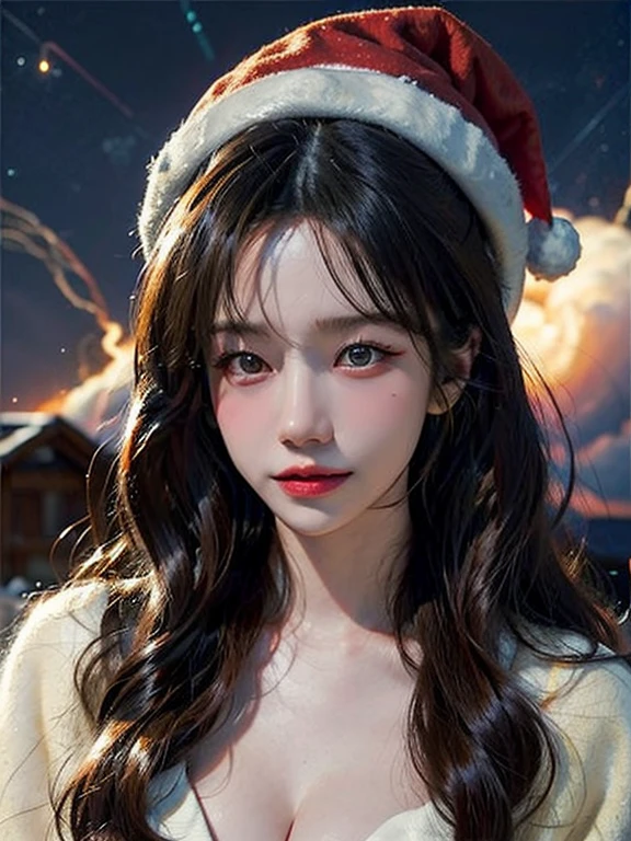 (A hyper-realistic),  (hight resolution),  (8K),  (ighly detailed),  (beatiful detailed eyes),  (top-quality),  (ultra-detailliert),  (​masterpiece),  (A detailed face), face focus, soft focus,  beautiful woman , solo, large cleavage, Japanese, snowscape, ((Wearing a sexy santa outfit)), Wearing a Santa hat, (like a fairy), (fits perfectly in her Santa hat), snowing, (starry tornado:1.4),  starry Nebula,  ((frills)),  beautiful detailed sky,  beautiful detailed eyes,  Gentle smile, 20 years old perfect,1 girl,