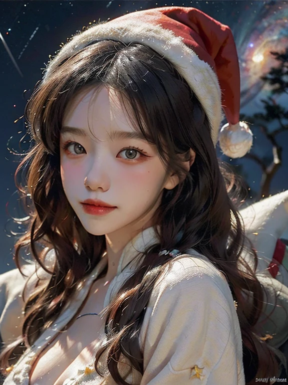 (A hyper-realistic),  (hight resolution),  (8K),  (ighly detailed),  (beatiful detailed eyes),  (top-quality),  (ultra-detailliert),  (​masterpiece),  (A detailed face), face focus, soft focus,  beautiful woman , solo, large cleavage, Japanese, snowscape, ((Wearing a sexy santa outfit)), Wearing a Santa hat, (like a fairy), (fits perfectly in her Santa hat), snowing, (starry tornado:1.4),  starry Nebula,  ((frills)),  beautiful detailed sky,  beautiful detailed eyes,  Gentle smile, 20 years old perfect,1 girl,