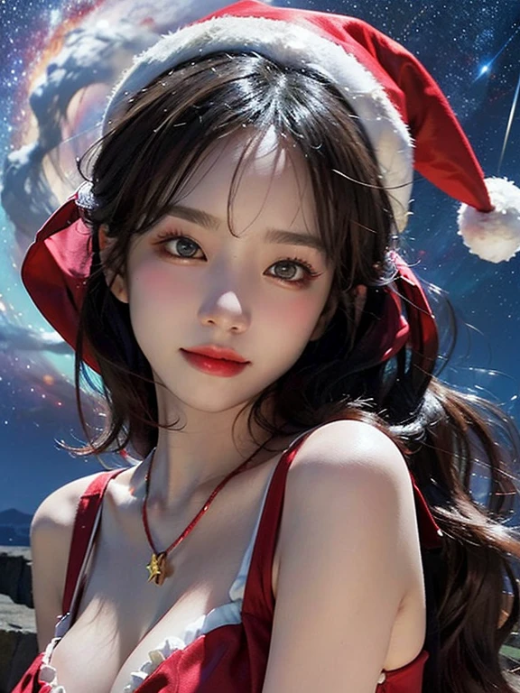 (A hyper-realistic),  (hight resolution),  (8K),  (ighly detailed),  (beatiful detailed eyes),  (top-quality),  (ultra-detailliert),  (​masterpiece),  (A detailed face), snowscape, face focus, soft focus,  beautiful woman , solo, large cleavage, Japanese, midlle breast , (wearing a ruby pendant)  (wearing a sexy santa outfit), (wearing a Santa hat), (like a fairy), (fits perfectly in her Santa hat), snowing, (starry tornado:1.4),  starry Nebula,  ((frills)),  beautiful detailed sky,  beautiful detailed eyes,  Gentle smile, 20 years old perfect,1 girl,