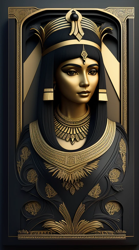 black gold, cleopatra portrait, wearing an egyptian crown, beautiful cleopatra, egyptian princess, full body, looking away, intricately carved, matte black, gilding, volumetric shadows, artificial patterns, with a decorative intricate border around, matte black and gold ornament, very highly detailed digital art, a 3D render, 16K