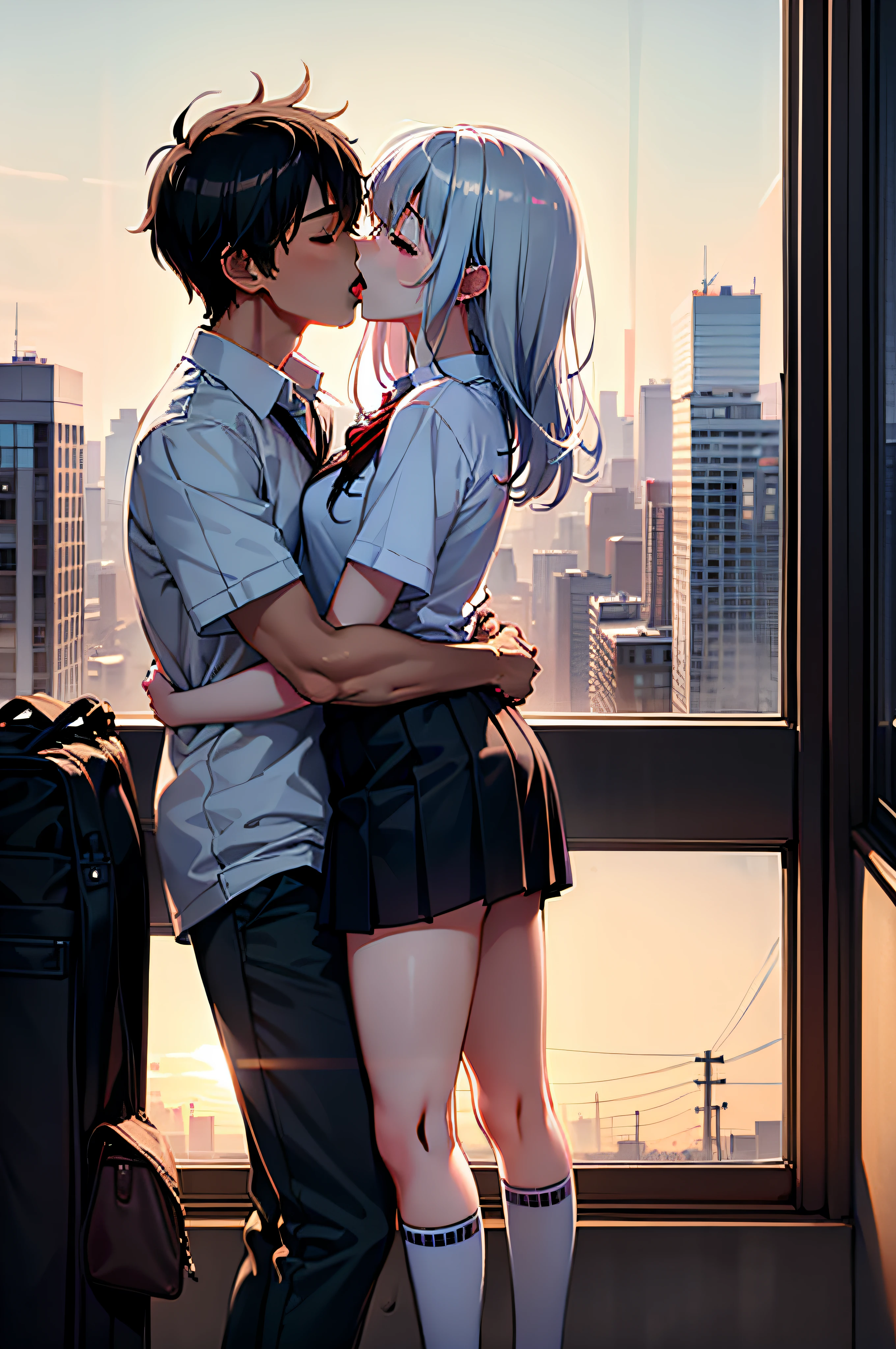 husband and wife, heterosexuality, 1boys, 1 girl, hugs, kisses, schools_校服, The light from the back window is backlighted, the sunset, schools_terrazzo,kisses, french kisses, tongue kisses, With his eyes closed, Be red in the face, leaning back against the wall