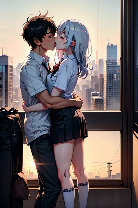 husband and wife, heterosexuality, 1boys, 1 girl, hugs, kisses, schools_校服, the light from the back window is backlighted, the s...