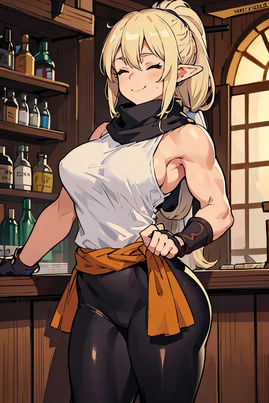 A woman in a white shirt and black pants standing in front of a bar -  SeaArt AI