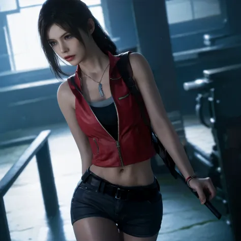 Claire Redfield, walking, bare thigh and shoulders, bare stomach,