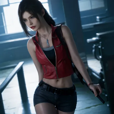 claire redfield, walking, bare thigh and shoulders, bare stomach,