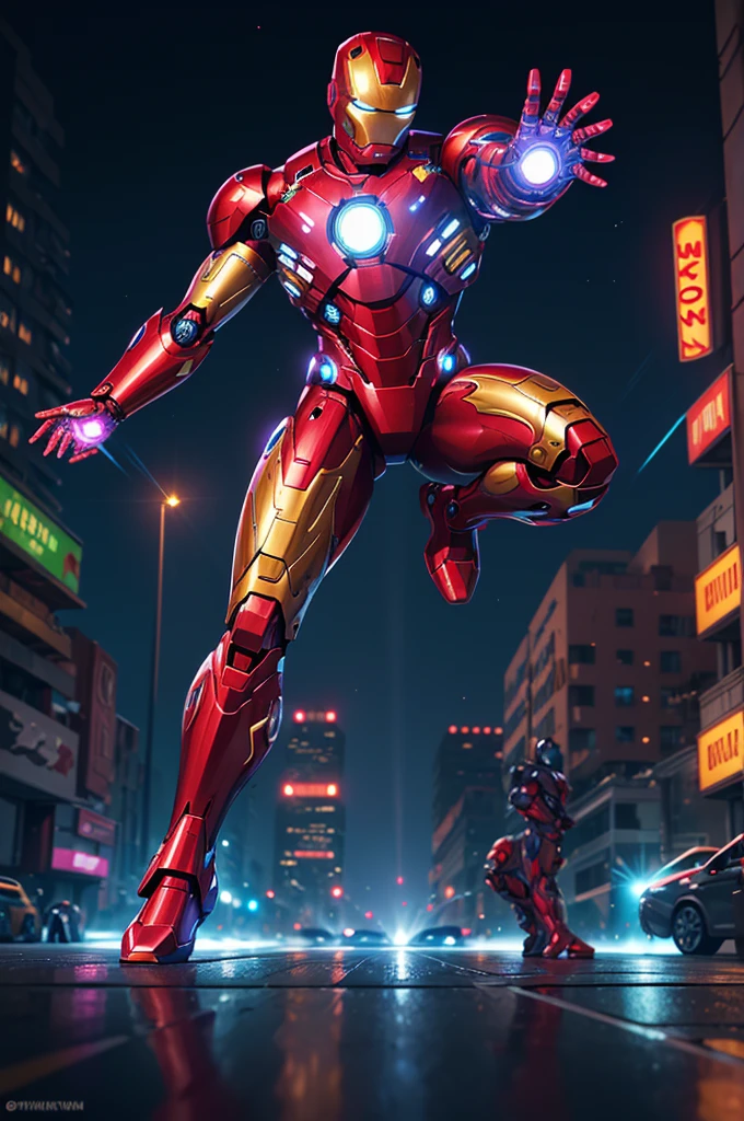 (high resolution:1.2), ultra-detailed, Iron-Man style robot from the future, vivid colors, advanced technology, mechanical design, glowing eyes, sleek metallic surface, intricate detailing, dynamic pose, powerful and agile, flying through the city, bustling urban landscape, neon lights, reflections on the metallic surface, intense energy beams shooting from the palms, epic battle, heroic presence.