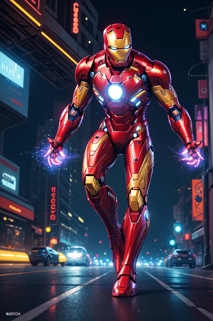 (high resolution:1.2), ultra-detailed, Iron-Man style robot from the future, vivid colors, advanced technology, mechanical design, glowing eyes, sleek metallic surface, intricate detailing, dynamic pose, powerful and agile, flying through the city, bustling urban landscape, neon lights, reflections on the metallic surface, intense energy beams shooting from the palms, epic battle, heroic presence.