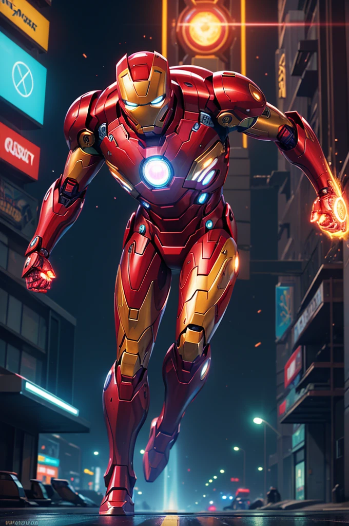 (high resolution:1.2), ultra-detailed, Iron-Man style robot from the future, vivid colors, advanced technology, mechanical design, glowing eyes, sleek metallic surface, intricate detailing, dynamic pose, powerful and agile, flying through the city, bustling urban landscape, neon lights, reflections on the metallic surface, intense energy beams shooting from the palms, epic battle, heroic presence.